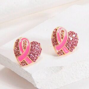 1 Pair Pink Crystal Heart Shaped Drop Oil Ribbon Earrings